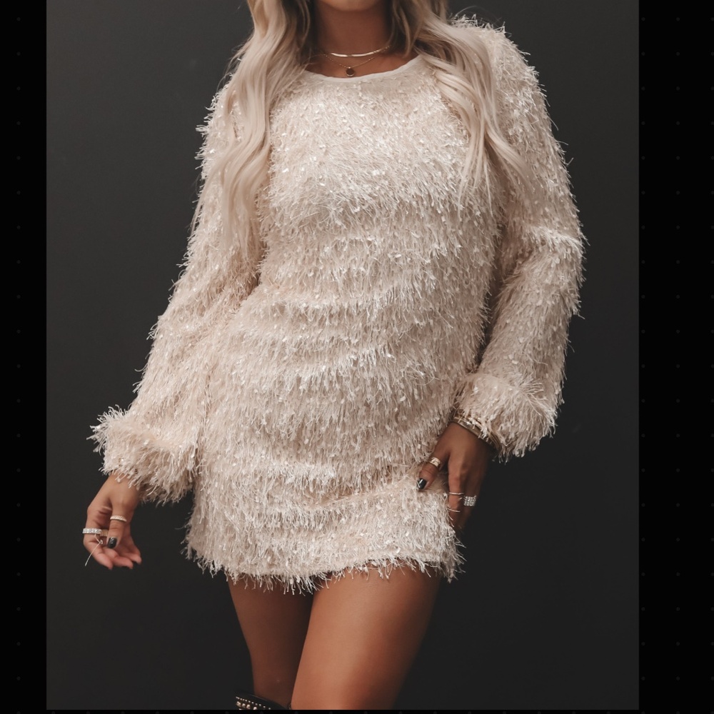 Sweater Dress Furry Cream Ivory Shaggy Holiday Mini Dress Long Sleeve